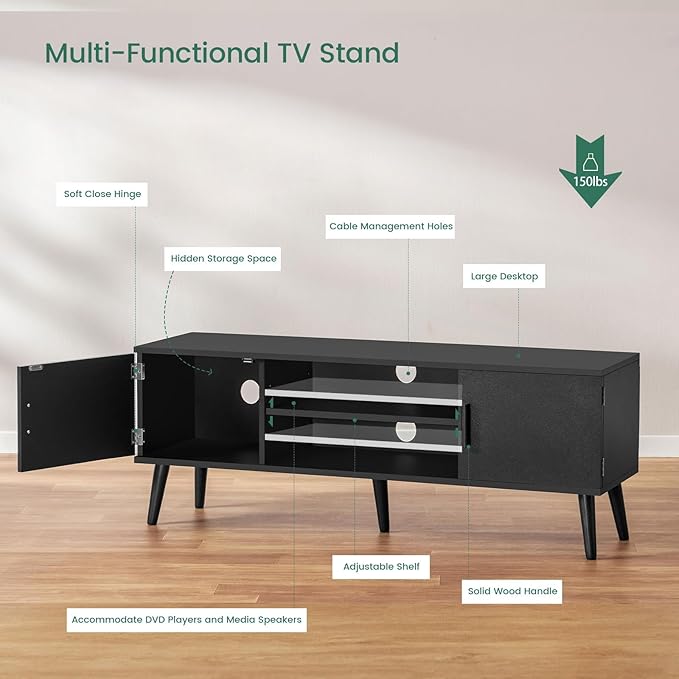 TV Stand for 60 Inch TV, TV Bench, Entertainment Center TV Console with 2 Storage Cabinets and Shelves, Media Console for Living Room, Bedroom, Black