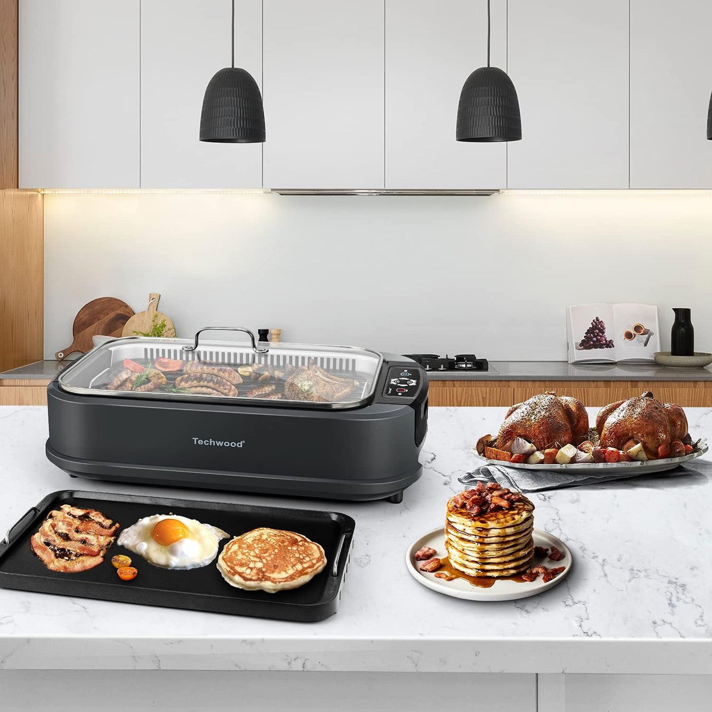 Techwood Indoor Grill Smokeless Grill, 1500W Indoor Korean BBQ Electric Tabletop Grill with Tempered Glass Lid, Removable Grill and Griddle Plates with Drip Tray, Gray