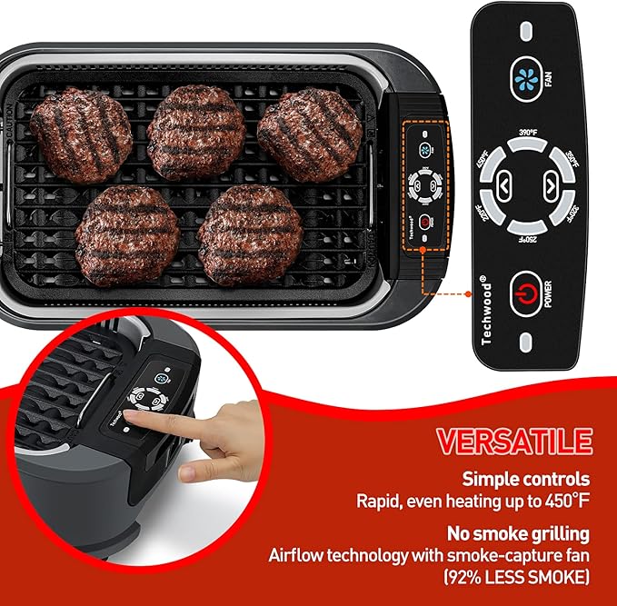 Techwood Indoor Grill Smokeless Grill, 1500W Indoor Korean BBQ Electric Tabletop Grill with Tempered Glass Lid, Removable Grill and Griddle Plates with Drip Tray, Gray