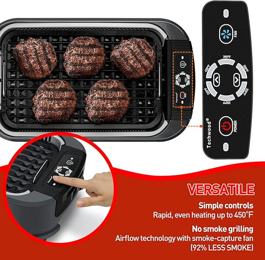 Techwood Indoor Grill Smokeless Grill, 1500W Indoor Korean BBQ Electric Tabletop Grill with Tempered Glass Lid, Removable Grill and Griddle Plates with Drip Tray, Gray