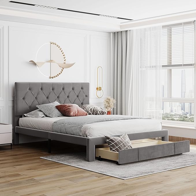 Bed Frame Grey Queen Size Storage Bed - Velvet Upholstered Platform Bed with Big Drawer,Bed Frame