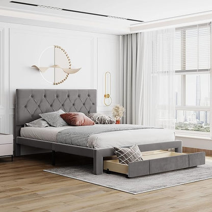 Bed Frame Grey Queen Size Storage Bed - Velvet Upholstered Platform Bed with Big Drawer,Bed Frame