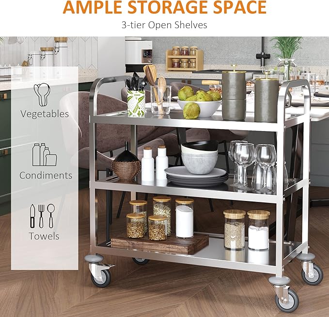 36" 3-Tier Kitchen Trolley Medical Treatment Laboratory Equipment Carts, Stainless Steel Rolling Kitchen Island, Wheeled Storage Utility Serving Cart, 330LBS Heavy Gauge