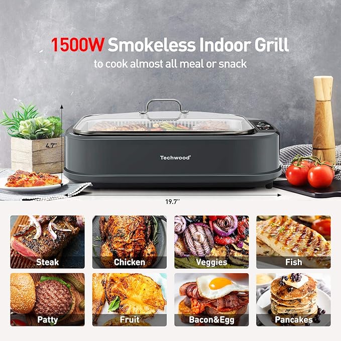 Techwood Indoor Grill Smokeless Grill, 1500W Indoor Korean BBQ Electric Tabletop Grill with Tempered Glass Lid, Removable Grill and Griddle Plates with Drip Tray, Gray