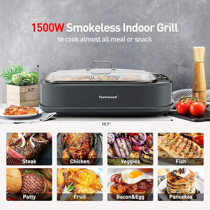 Techwood Indoor Grill Smokeless Grill, 1500W Indoor Korean BBQ Electric Tabletop Grill with Tempered Glass Lid, Removable Grill and Griddle Plates with Drip Tray, Gray