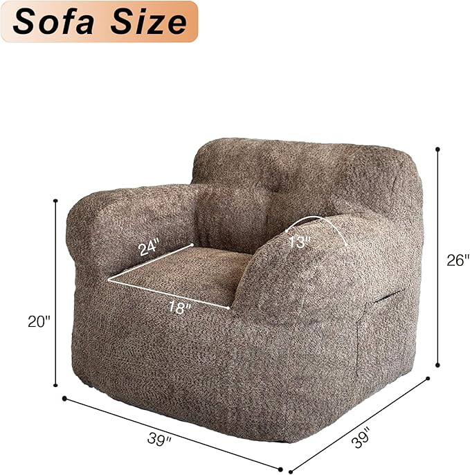Bean Bag Chair with Filler, Bean Bag Sofa with Tufted Soft Stuffed Filling, Fluffy and Lazy Sofa, Comfy Cozy BeanBag Chairs with Memory Foam for Dorm, Apartment, Living Room (Brown)
