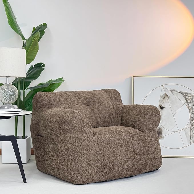 Bean Bag Chair with Filler, Bean Bag Sofa with Tufted Soft Stuffed Filling, Fluffy and Lazy Sofa, Comfy Cozy BeanBag Chairs with Memory Foam for Dorm, Apartment, Living Room (Brown)