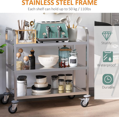36" 3-Tier Kitchen Trolley Medical Treatment Laboratory Equipment Carts, Stainless Steel Rolling Kitchen Island, Wheeled Storage Utility Serving Cart, 330LBS Heavy Gauge