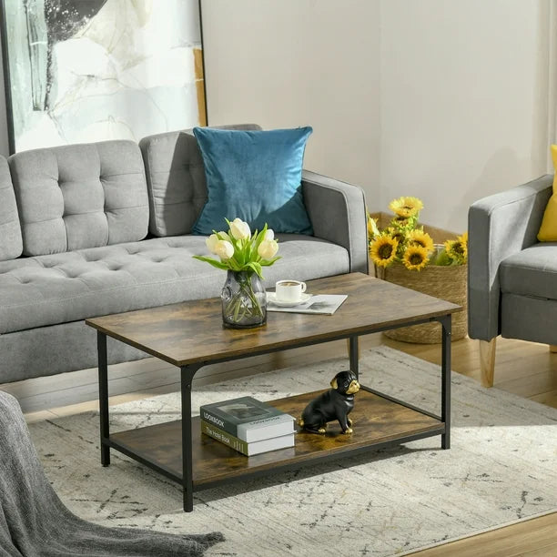 Industrial 2-tier Coffee Table with Storage Shelf, Rustic Brown, Wood Look Accent Furniture with Metal Frame