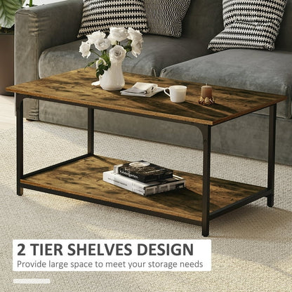 Industrial 2-tier Coffee Table with Storage Shelf, Rustic Brown, Wood Look Accent Furniture with Metal Frame