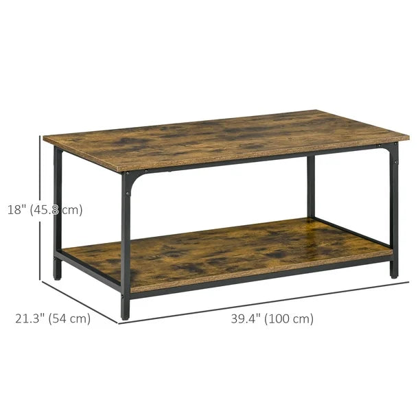 Industrial 2-tier Coffee Table with Storage Shelf, Rustic Brown, Wood Look Accent Furniture with Metal Frame