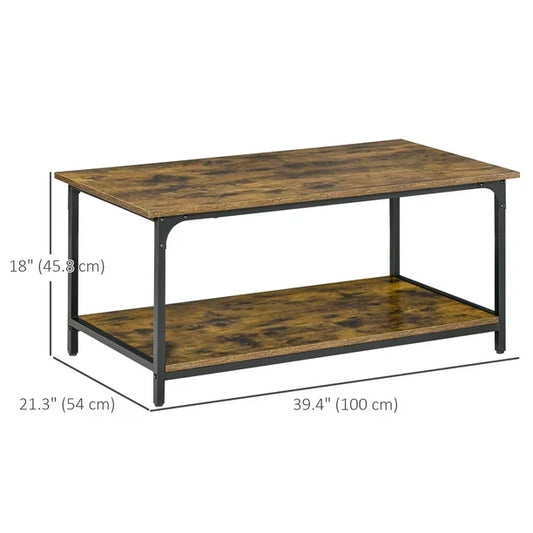 Industrial 2-tier Coffee Table with Storage Shelf, Rustic Brown, Wood Look Accent Furniture with Metal Frame