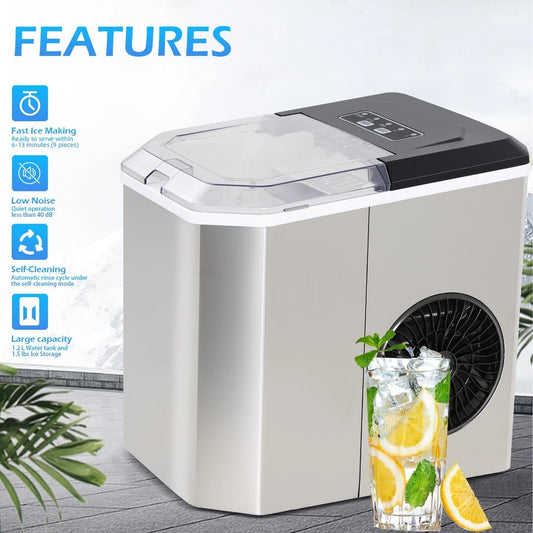 Compact Stainless Steel Portable Ice Maker Countertop Ice Cube Machine Boat RV